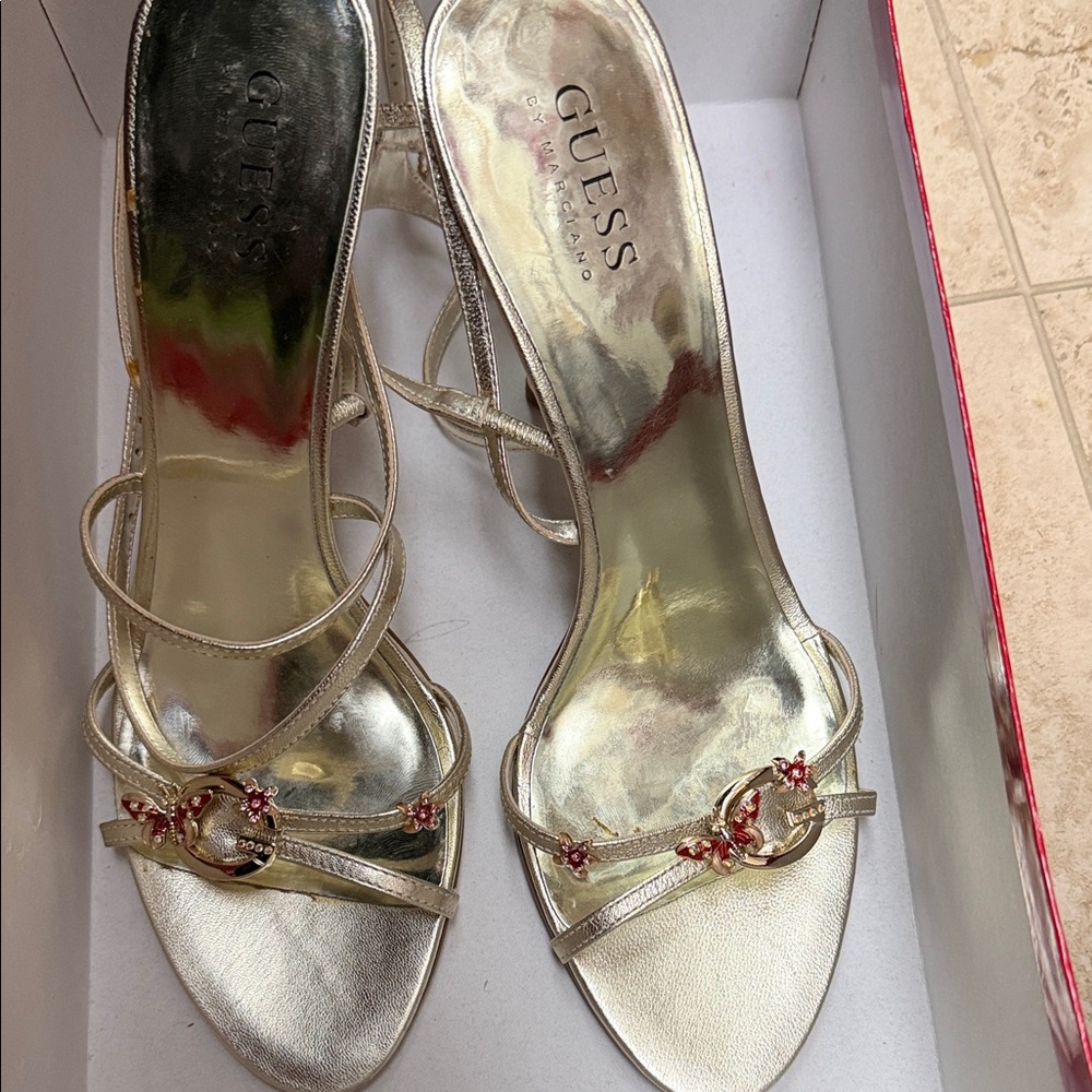 Guess Silver Strappy Heels with Floral Accents